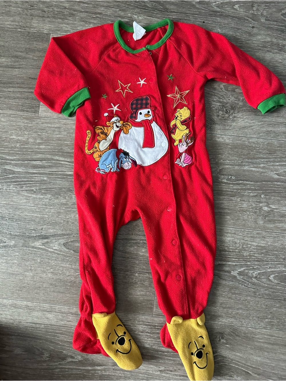 Disney Red Holiday Snowman Footed Pajamas with Yellow Winnie the Pooh Footies